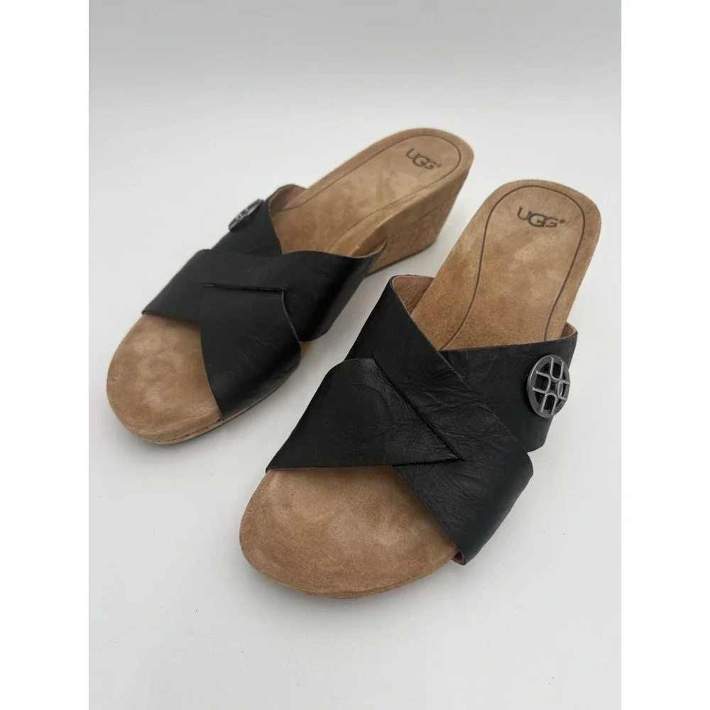 UGG Lyra‎ Sandals Black Leather Cross Straps Wedge Open Round Toe Size 8